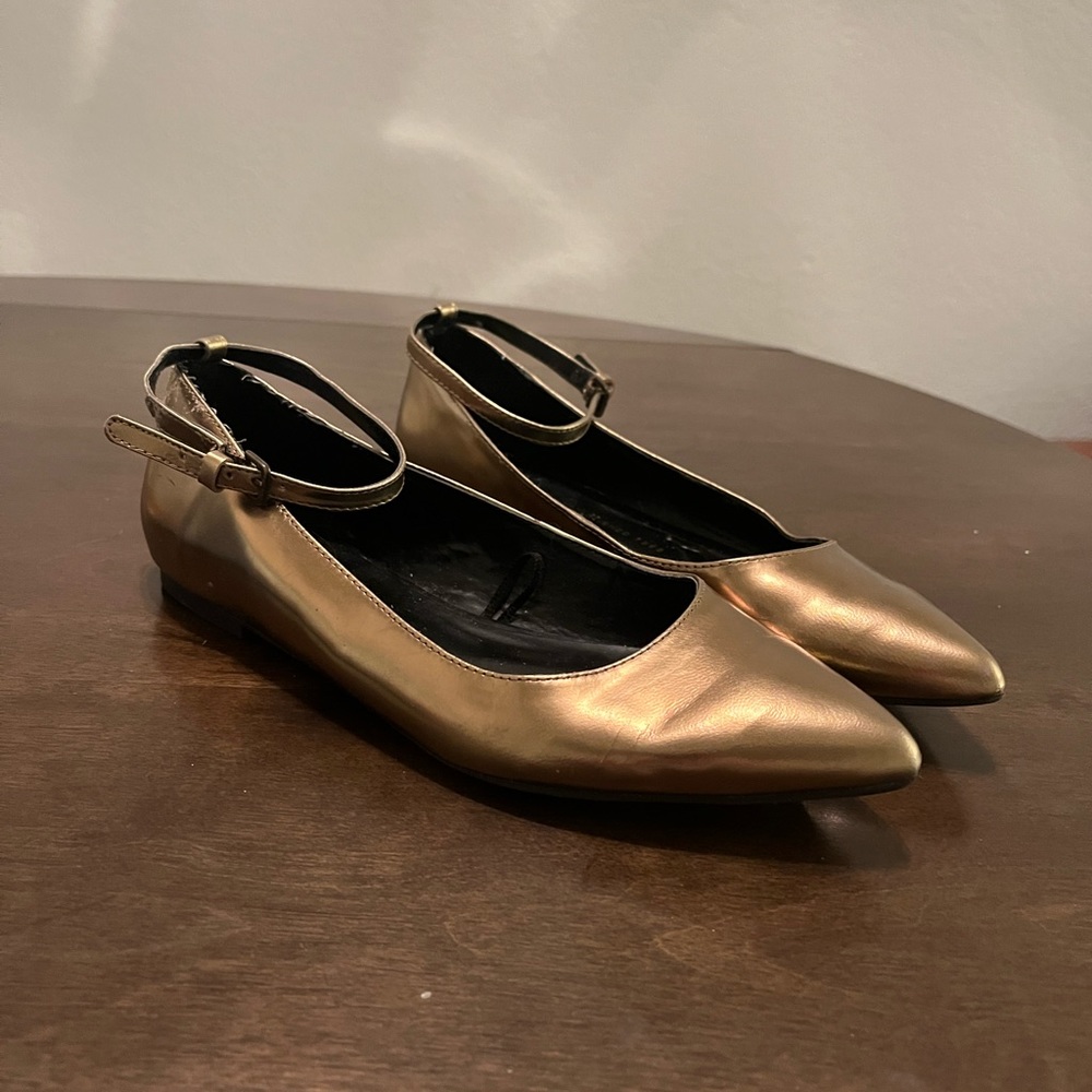 Gold ankle strap flats
